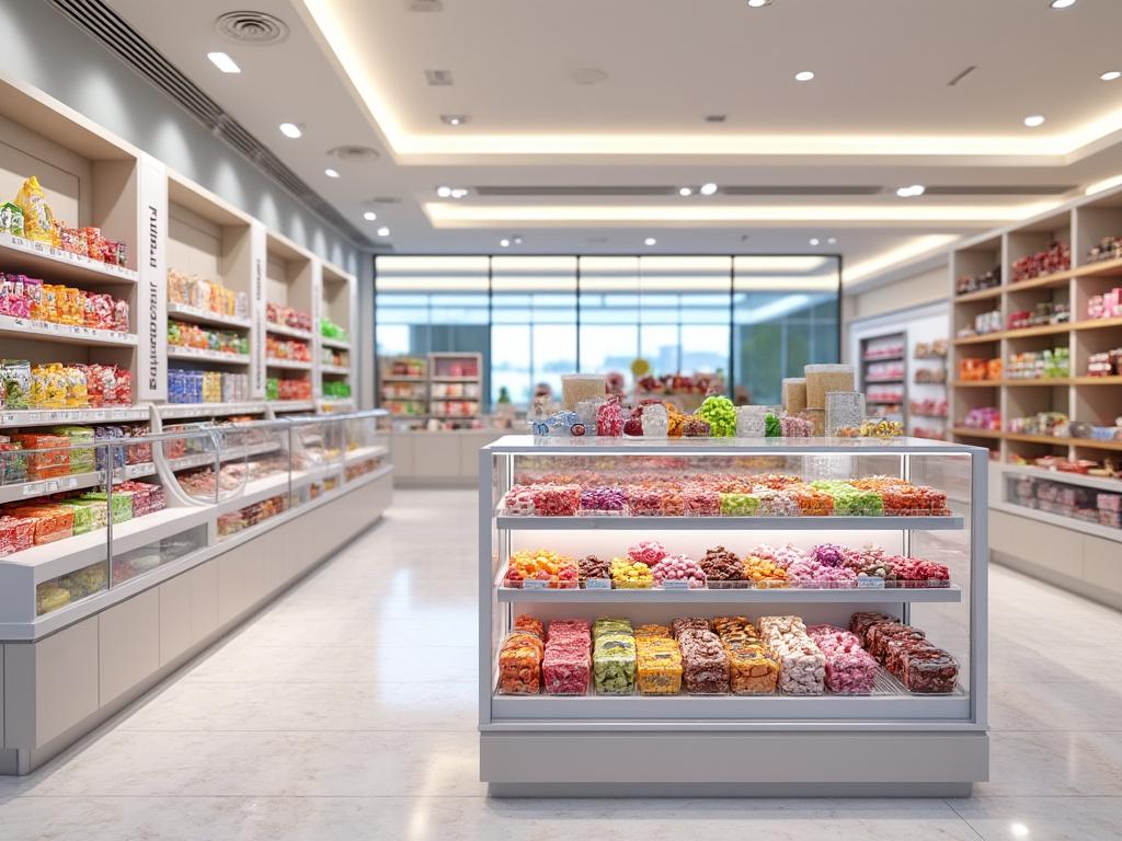 Tienda de dulces con estantes llenos de coloridos caramelos y golosinas, bajo iluminación moderna.