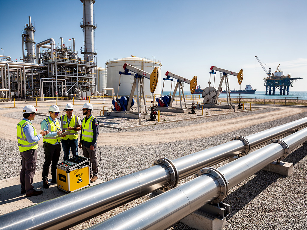 Ingenieros inspeccionan tuberías en una refinería petrolera con bombas de extracción, tanques de almacenamiento y plataforma offshore Ingenieros inspeccionan tuberías en una refinería petrolera con bombas de extracción, tanques de almacenamiento y plataforma offshore