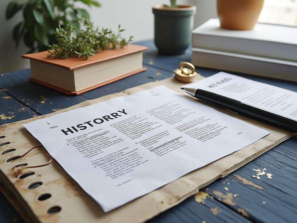 Styled study desk with history documents, books, plants, and a pen on a wooden surface. Styled study desk with history documents, books, plants, and a pen on a wooden surface.