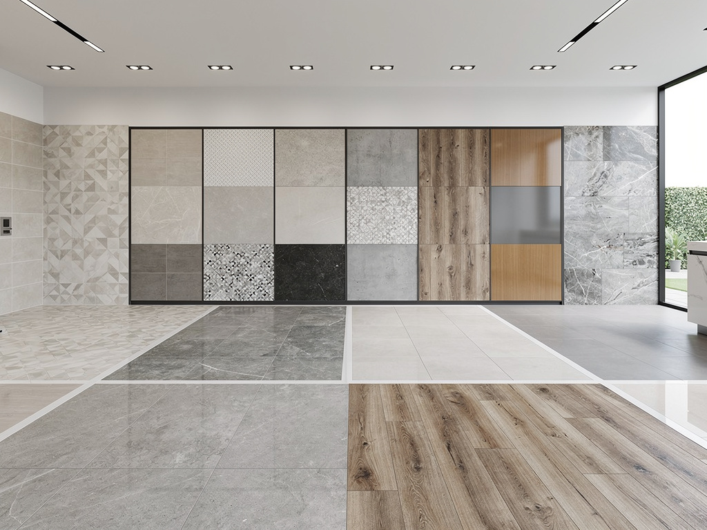 Showroom moderno de azulejos y suelos cerámicos con muestras de mármol, madera y piedra en pared y piso