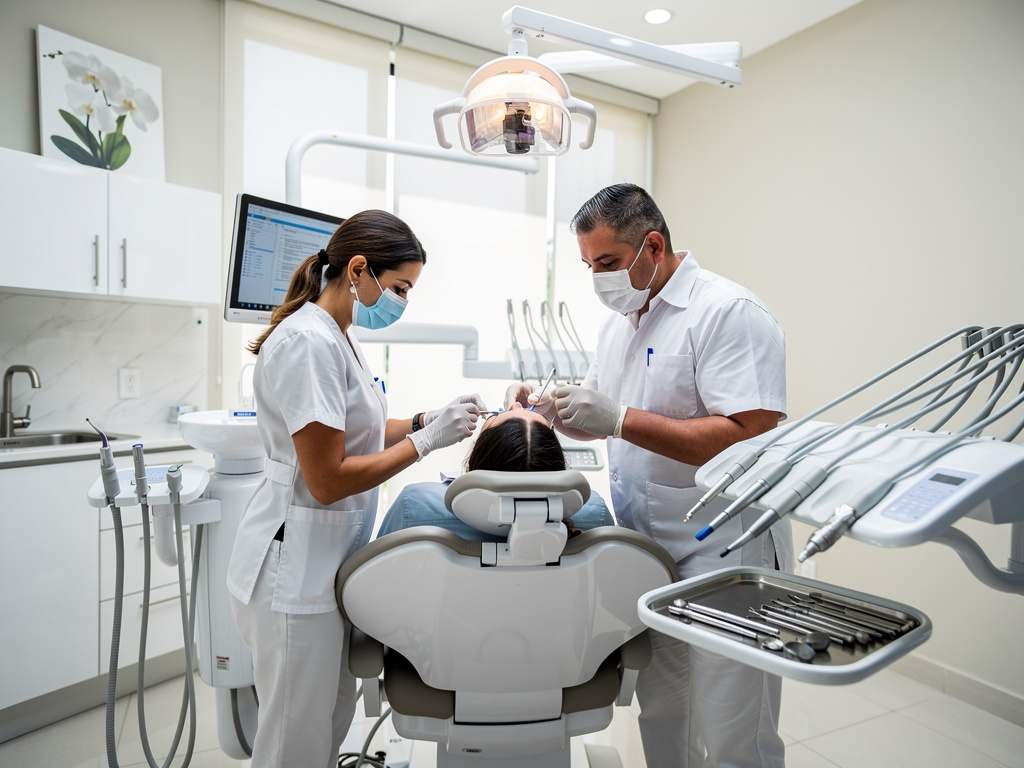 Dentistas atendiendo a paciente en clínica dental moderna con instrumental odontológico y lámpara de consulta