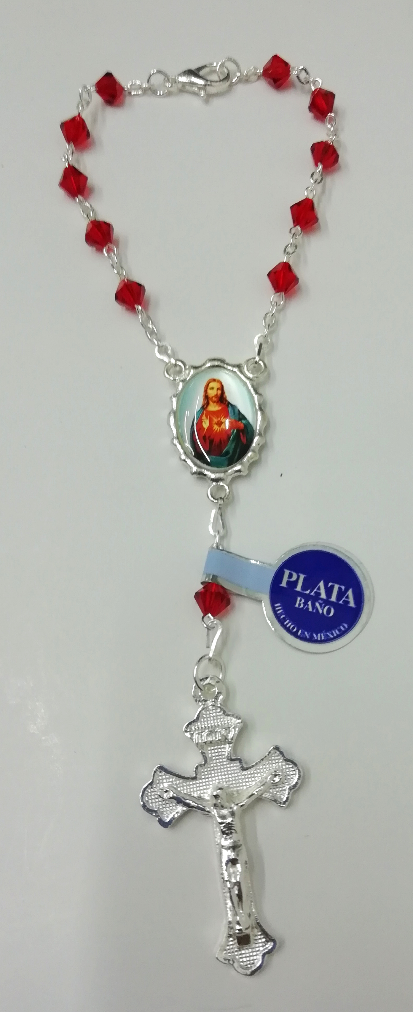 DECENARIO CON CUENTAS DE CRISTAL ROJAS CON SAGRADO CORAZÓN DE JESÚS EN BAÑO DE PLATA