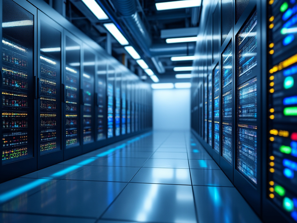 Modern data center with rows of illuminated server racks and blue ambient lighting.
