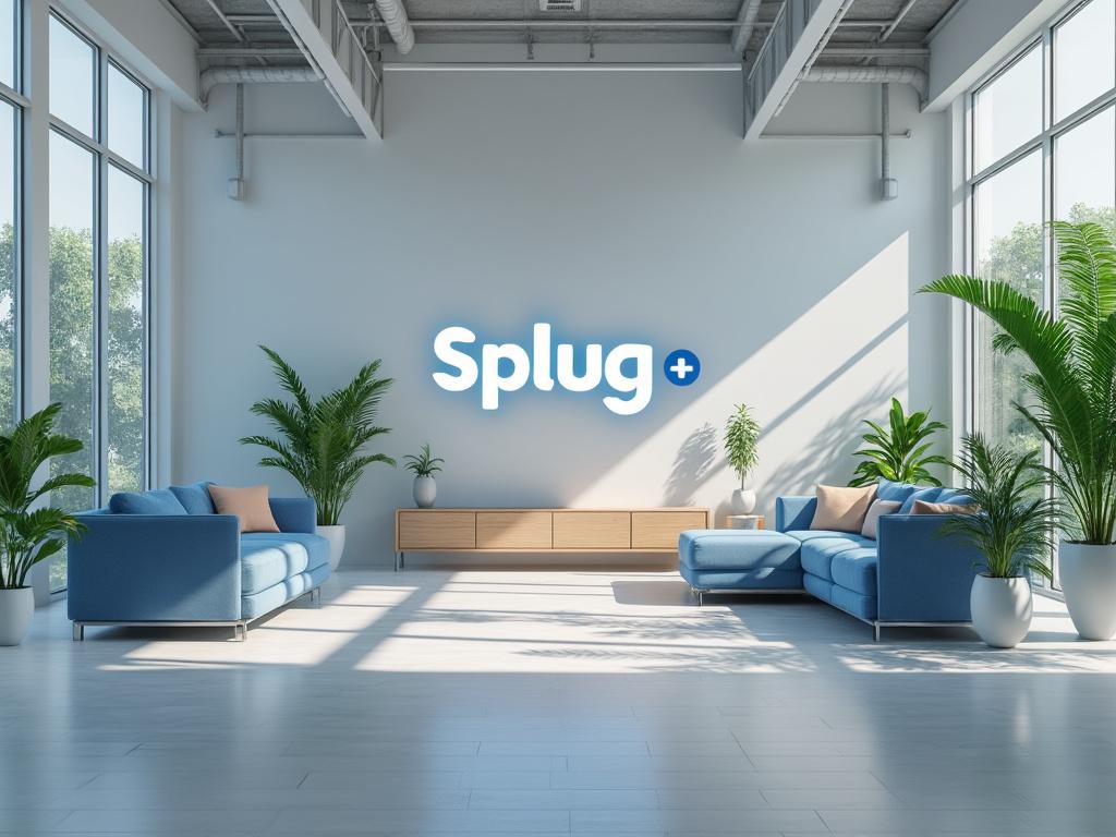 Modern office lounge with blue sofas, green plants, large windows, and 'Splug+' sign on the wall. Modern office lounge with blue sofas, green plants, large windows, and 'Splug+' sign on the wall.