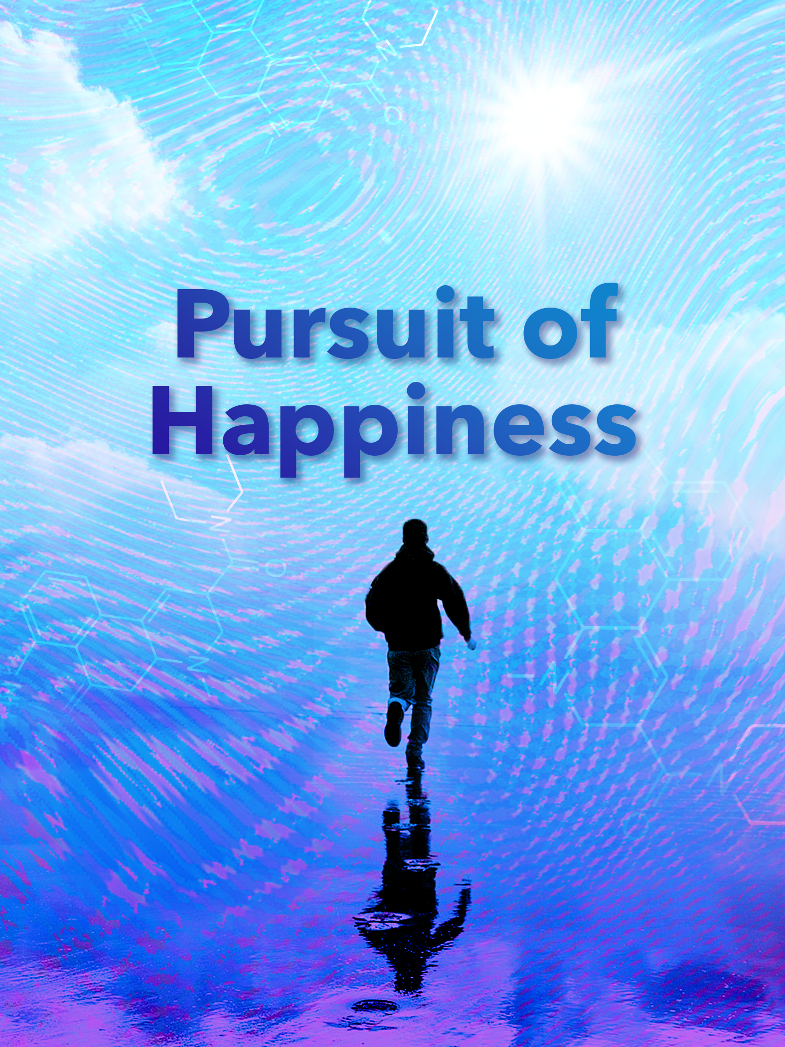 Key art for the documentary series Pursuit of Happiness that shows a person in silhouette running on a wet shoreline.