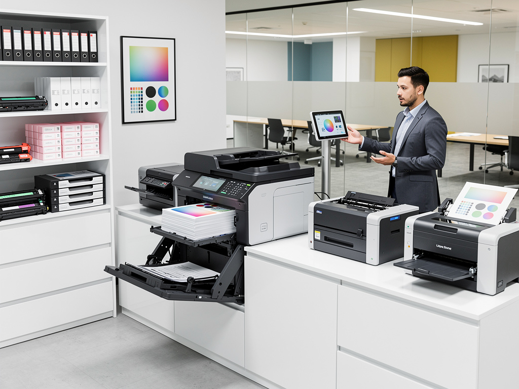 Hombre en oficina moderna mostrando impresoras profesionales y pruebas de color para servicios de impresión