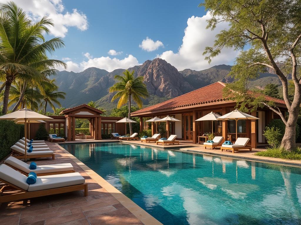 Piscina al aire libre rodeada de tumbonas, sombrillas y palmeras, con cabañas de madera y montañas al fondo bajo un cielo azul. Piscina al aire libre rodeada de tumbonas, sombrillas y palmeras, con cabañas de madera y montañas al fondo bajo un cielo azul.