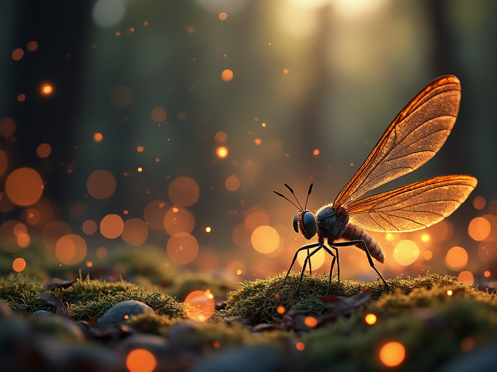 Insecto alado sobre musgo en un bosque con luz dorada y bokeh mágico Insecto alado sobre musgo en un bosque con luz dorada y bokeh mágico