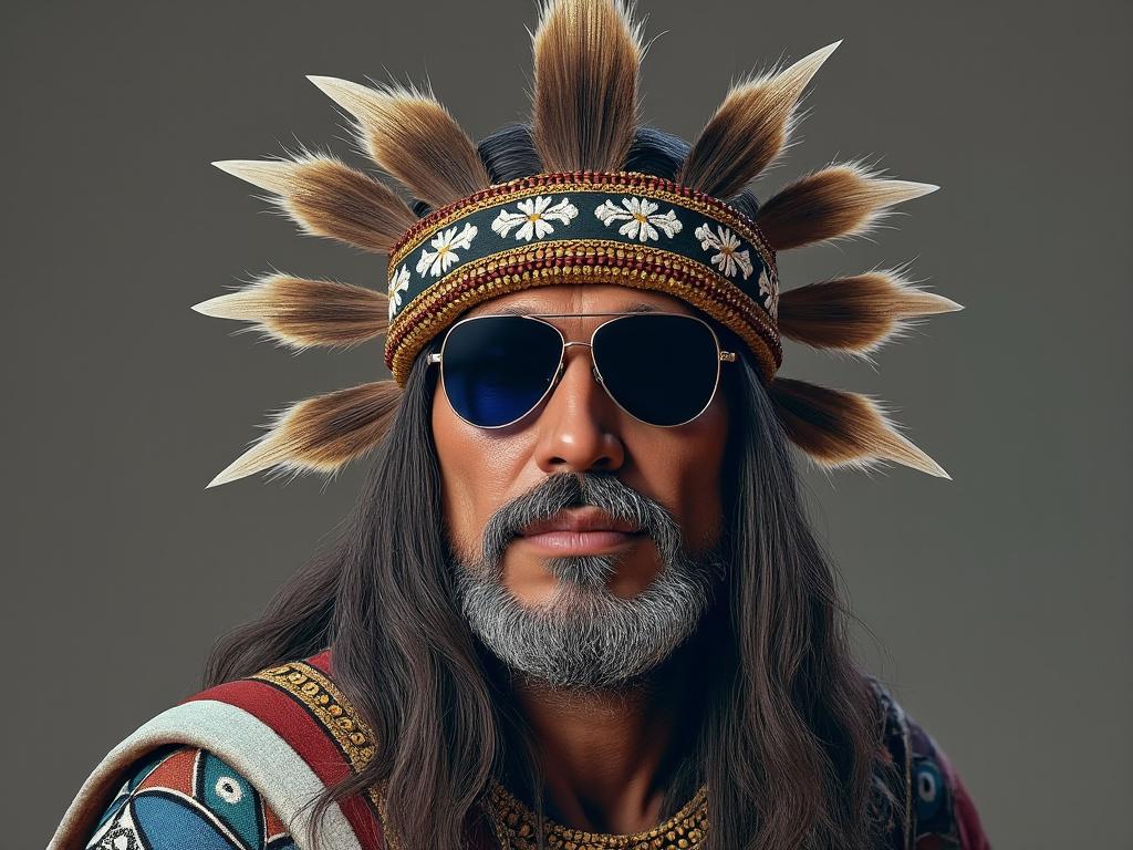 Portrait of a man with long hair and beard, wearing sunglasses and a traditional feathered headdress.