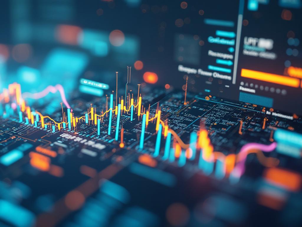 Gráfico de datos y estadísticas con líneas y barras de colores en una pantalla digital, representando análisis financiero.