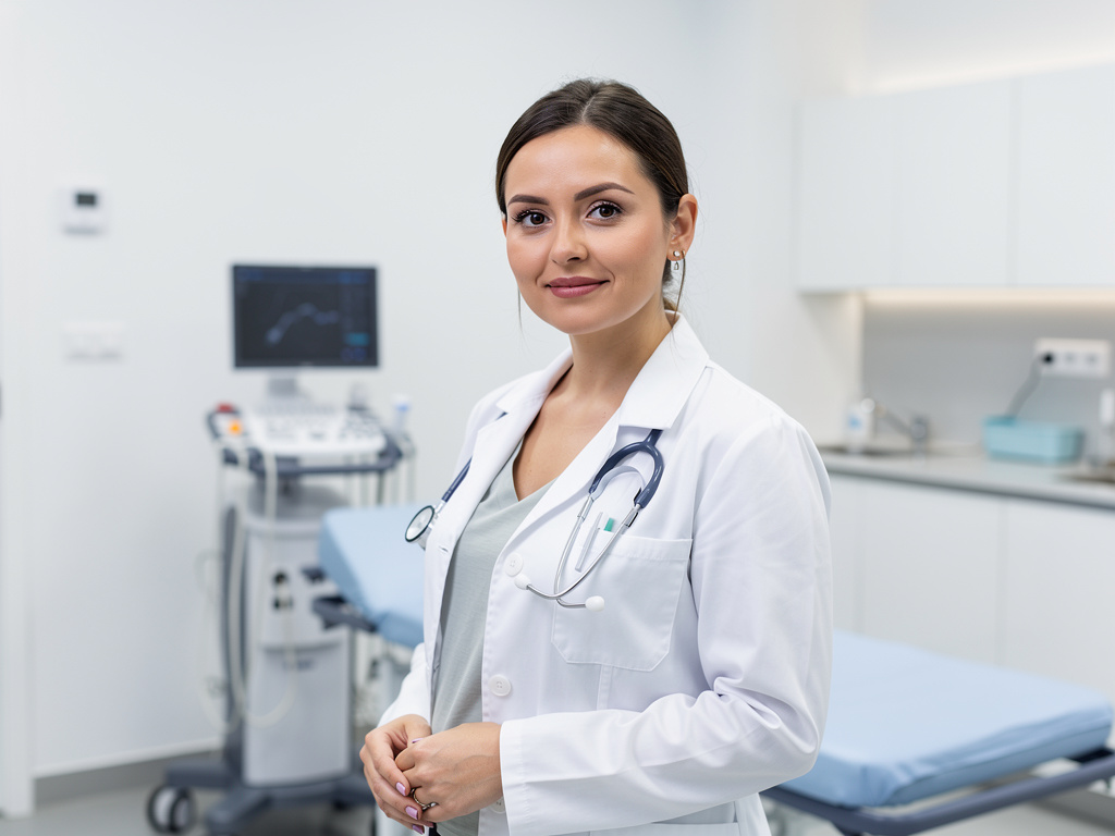 Doctora con bata blanca y estetoscopio en consulta médica moderna con equipo de ecografía y camilla