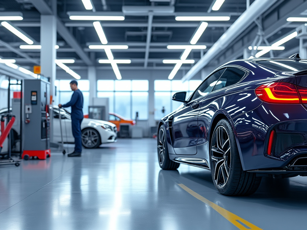 Modern car workshop with luxury vehicles, a mechanic working on a diagnostic machine, and bright overhead lighting.