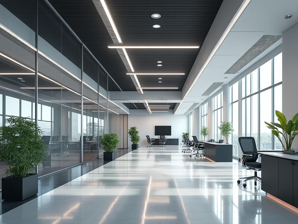 Oficina moderna con escritorios, sillas ergonómicas y plantas, iluminada por grandes ventanales.