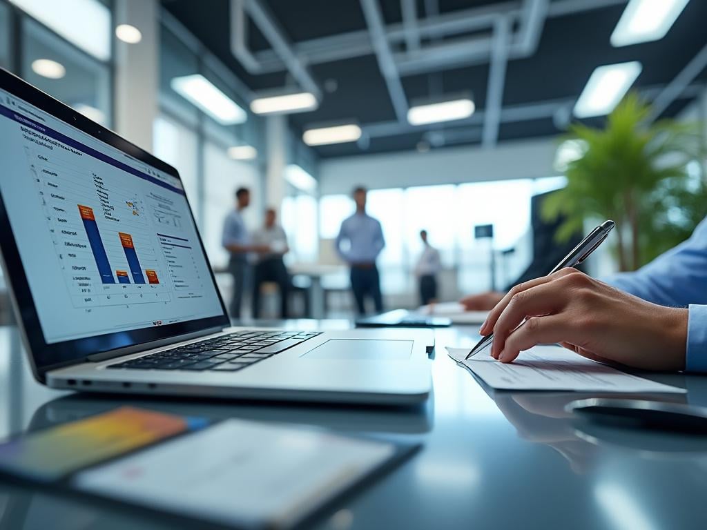 Oficina moderna con laptop mostrando gráficos, mano escribiendo en papel, personas trabajando de fondo.