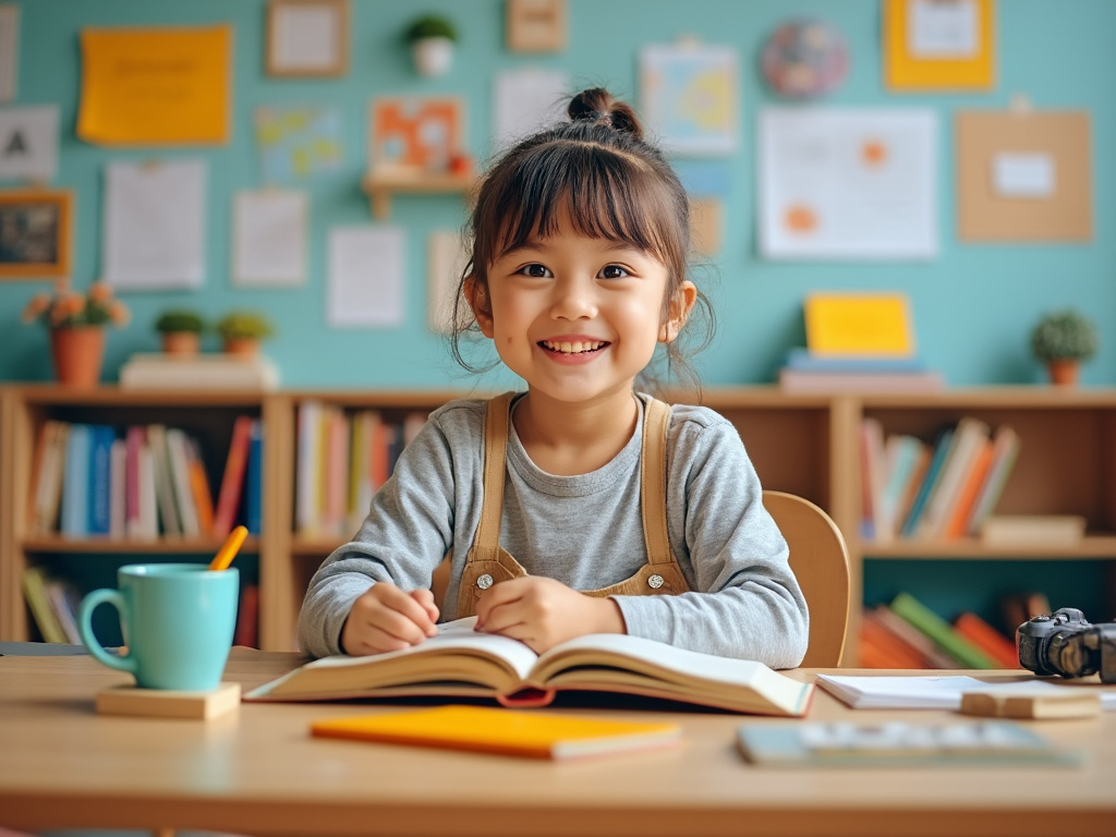 Niña sonriente sentada en un escritorio con un libro abierto, rodeada de estanterías con libros y decoraciones en una sala de estudio colorida.