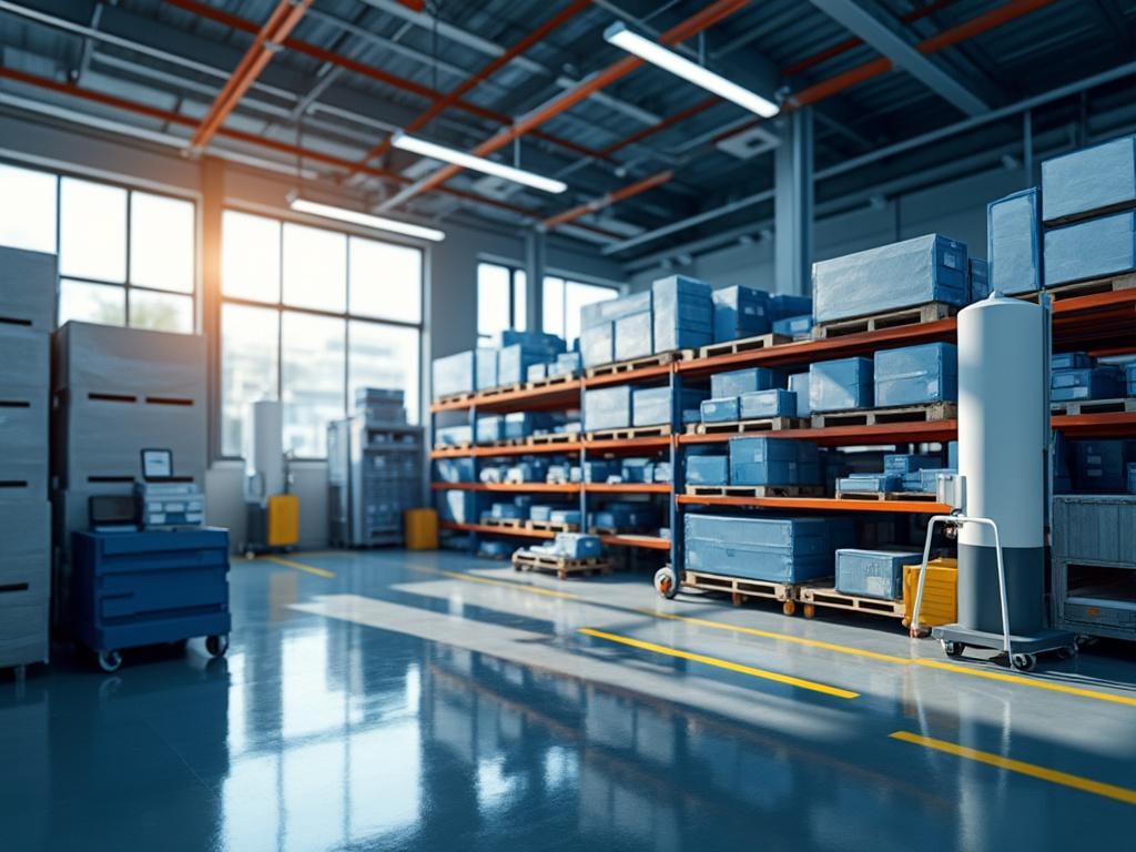 Almacén industrial con estanterías llenas de cajas azules organizadas, suelo brillante y luz natural entrando por ventanas grandes.