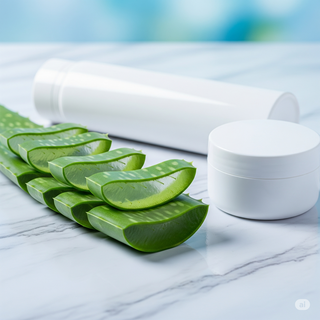Fresh aloe vera slices beside a white cosmetic bottle and jar on a marble surface. Fresh aloe vera slices beside a white cosmetic bottle and jar on a marble surface.