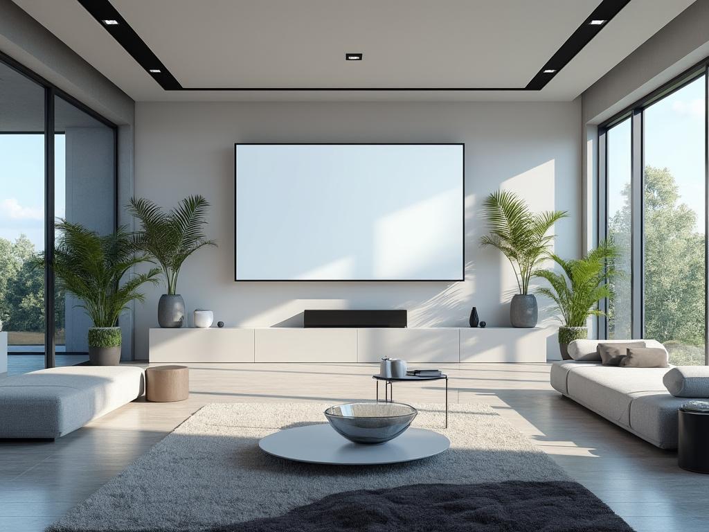 Moderno salón minimalista con sofás grises, pantalla plana y grandes ventanales que dejan entrar luz natural, decorado con plantas verdes en macetas.