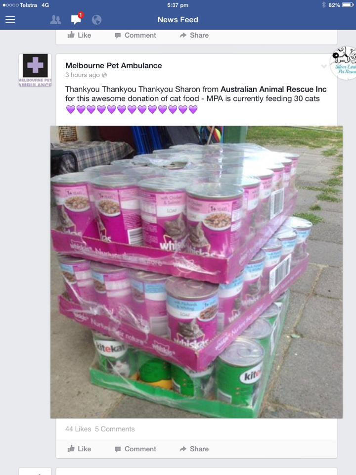 We were happy to be able to help out Julie at Melbourne Pet Ambulance with these slabs of cat food.