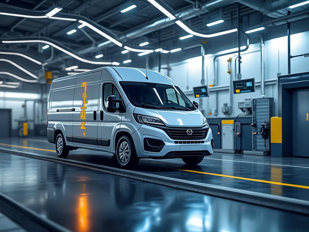 Furgoneta blanca moderna en taller de automóviles iluminado con luces LED.