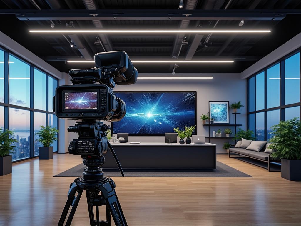 Professional video camera setup in modern office with large digital screen, plants, and city skyline view.