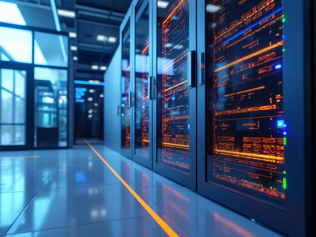 Modern data center with glowing server racks and advanced technology.