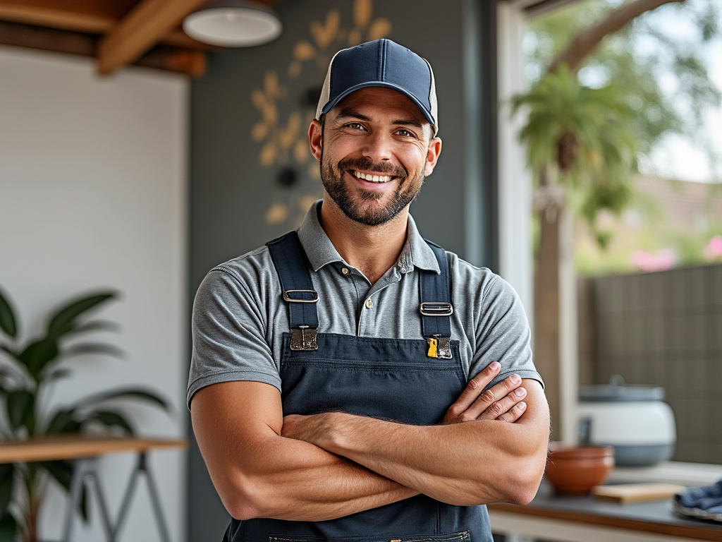 Smiling man wearing a cap and an apron in a modern kitchen setting.