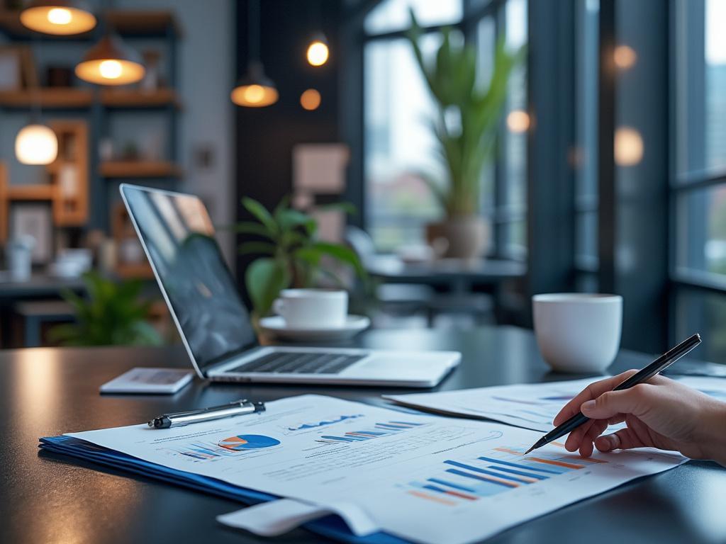 Oficina moderna con portátil, gráficos de datos y persona revisando documentos.