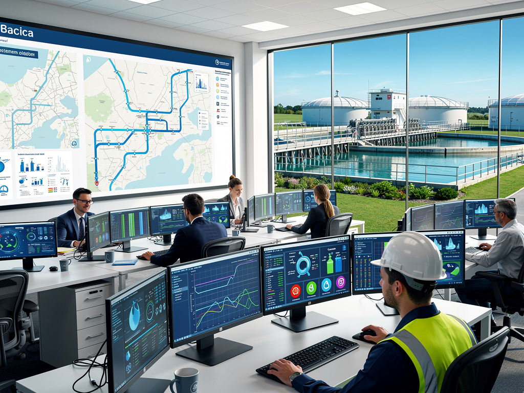 Water treatment plant control room with operators monitoring digital dashboards, pipeline maps, and storage tanks through large windows
