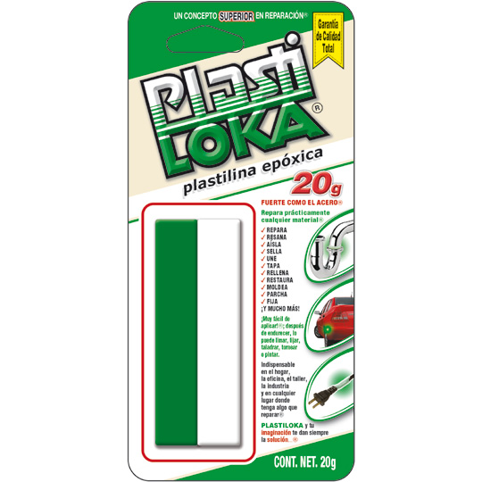 PLASTILOKA FUERTE 20 GR
PLASTILINA EPÓXICA
ARTÍCULO: PEGAMENTO
TIPO: PLASTICA
COLOR: VERDE Y BLANCO
CARACTERISTICAS: USO GENERAL
MARCA: KOLA LOKA