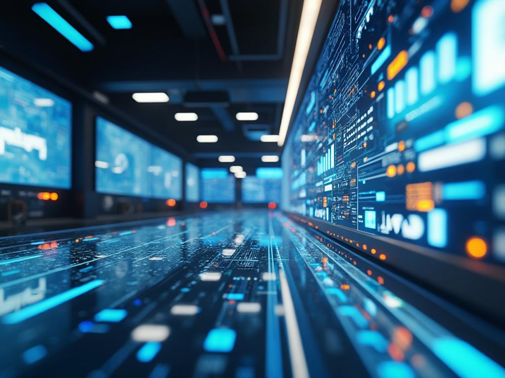 Sala de servidores con pantallas digitales mostrando gráficos y datos tecnológicos en azul luminoso.