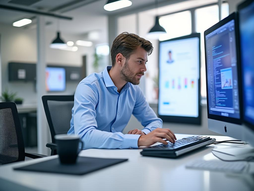 Hombre joven trabajando en ordenador en oficina moderna con pantallas grandes y elementos tecnológicos.
