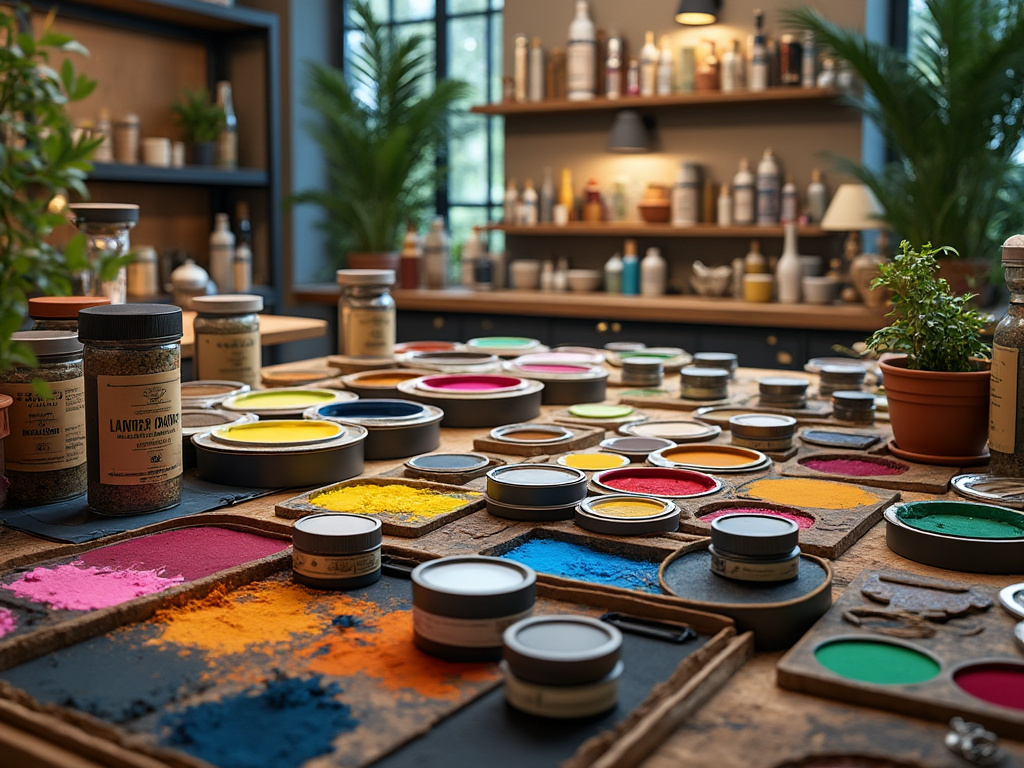 Mesa de estudio artístico con pigmentos de colores vibrantes en recipientes, rodeada de plantas y estantes con materiales de arte en un taller iluminado.