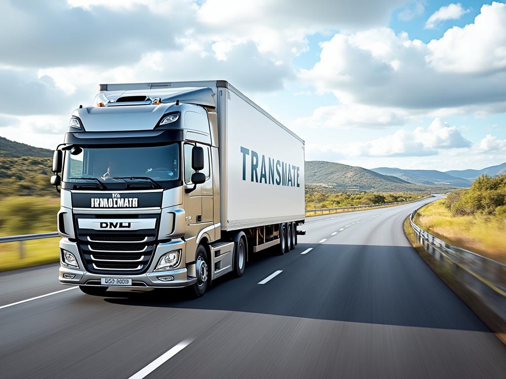 Camión de carga plateado de gran tamaño circulando por una carretera despejada bajo un cielo parcialmente nublado.