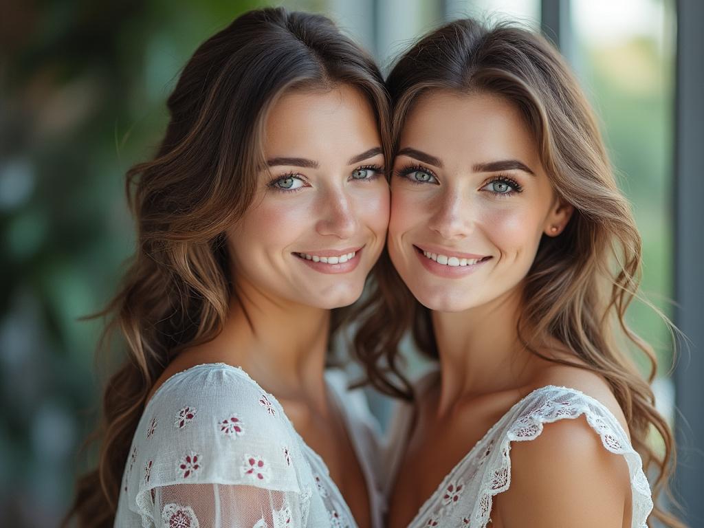 Dos mujeres jóvenes sonrientes con cabello ondulado, vestidas de blanco, en un entorno luminoso y natural.