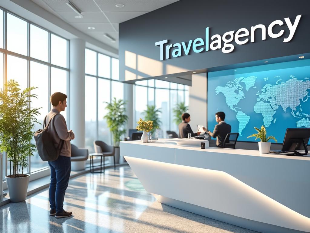 Interior de una agencia de viajes moderna con un joven de pie, una recepción blanca, dos personas conversando y un mapa mundial en la pared.