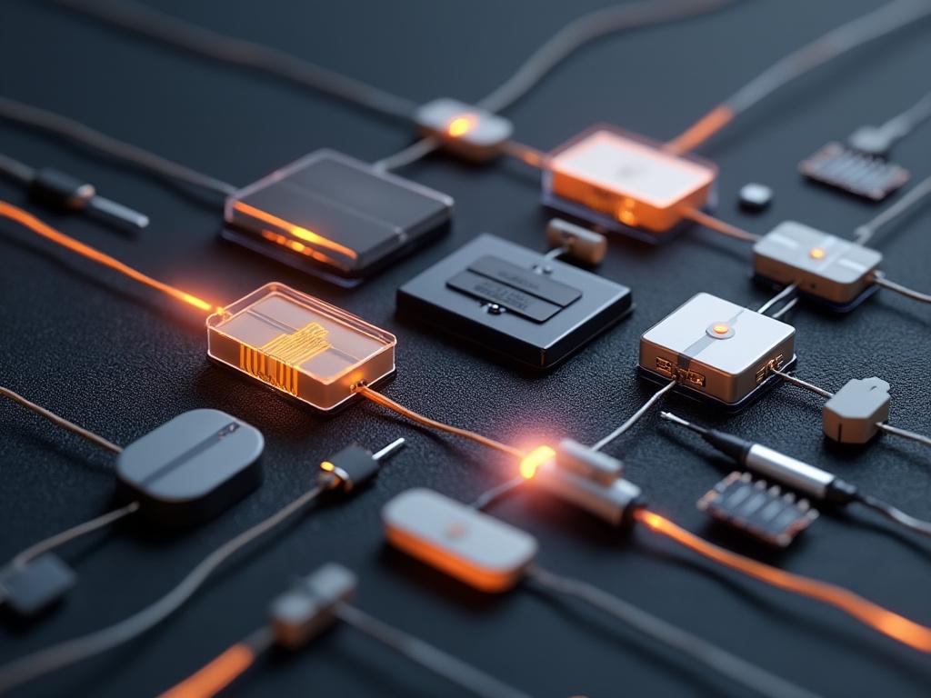 Close-up of interconnected electronic components with glowing orange wires on a dark surface, representing a network or circuit board.