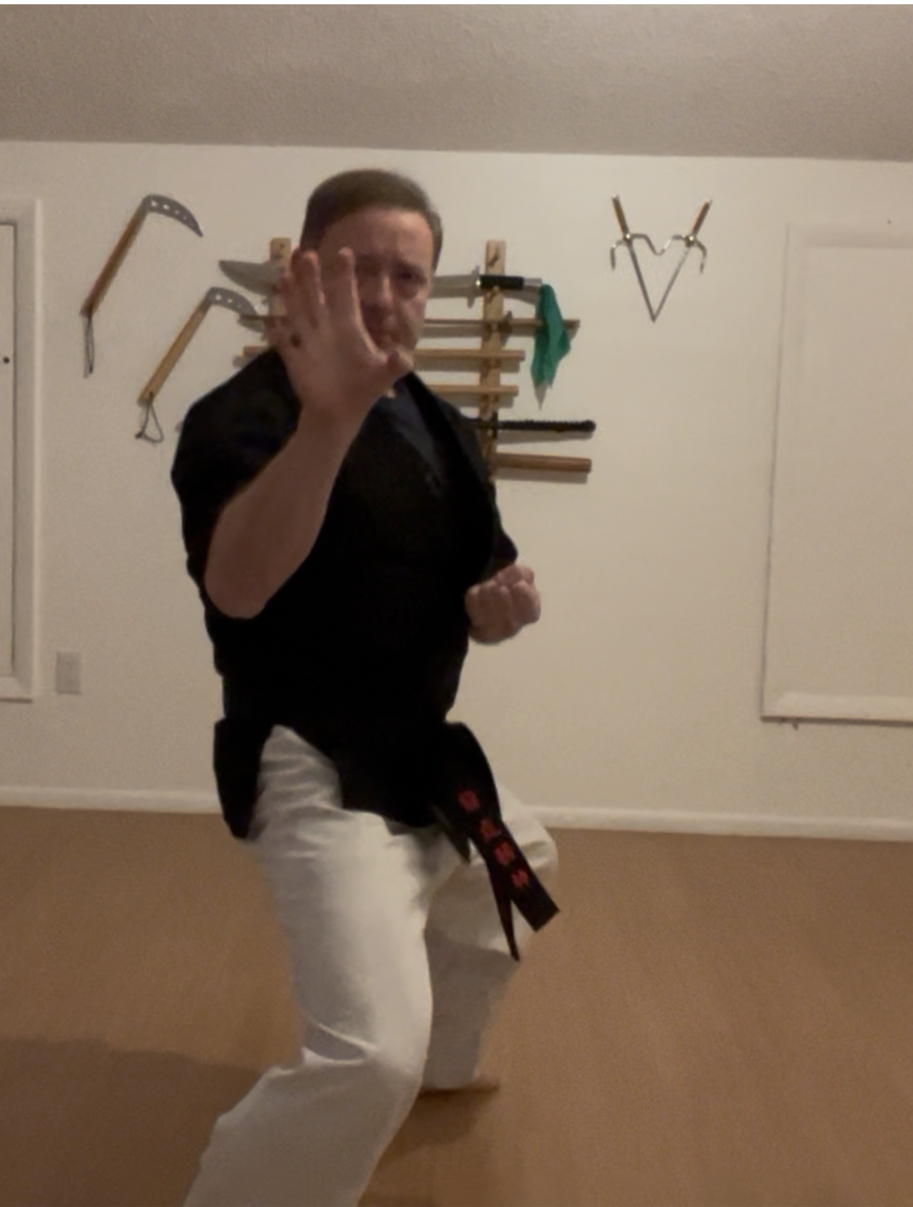 Man in self defense pose with hand in front of face.
Man in self defense pose with hand in front of face.