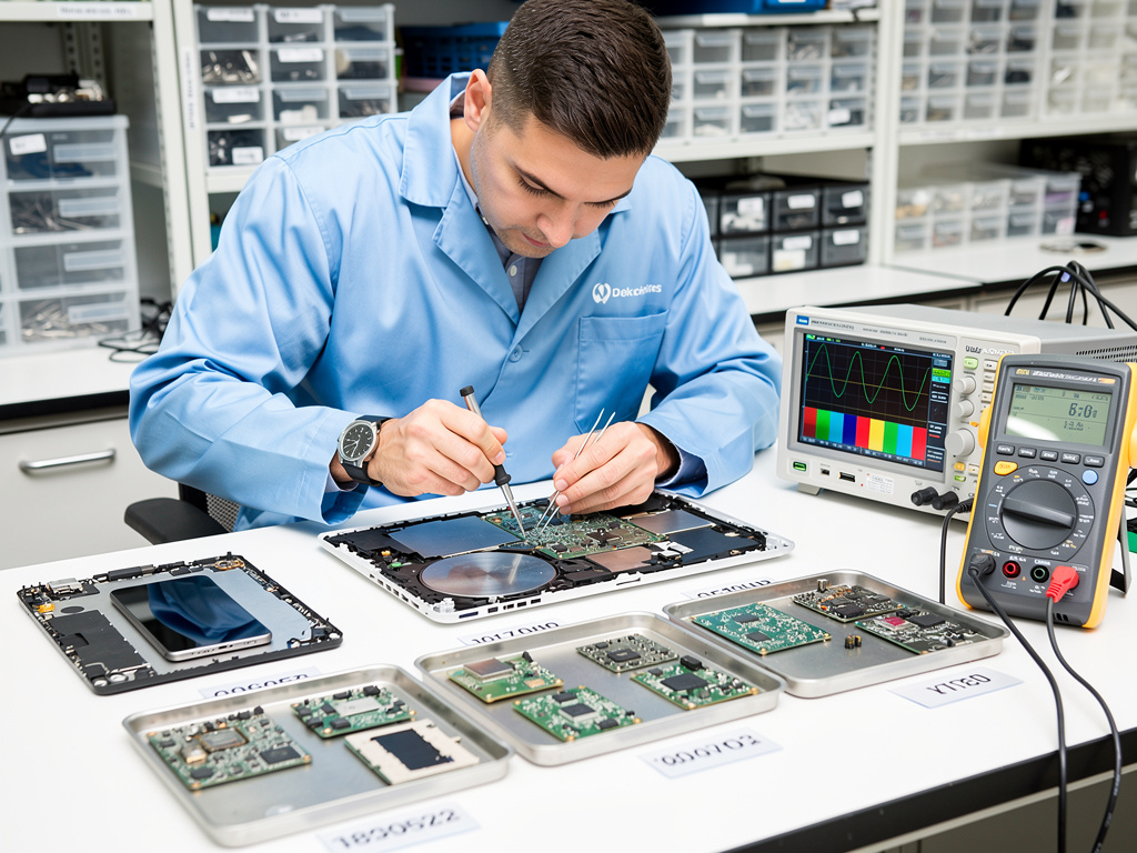 Técnico reparando placa base de portátil en laboratorio de electrónica con osciloscopio y multímetro