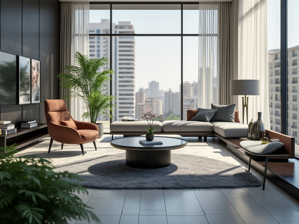 Sala de estar moderna con muebles elegantes, sofá modular, silla marrón, mesa de centro redonda y grandes ventanales con vistas a la ciudad.