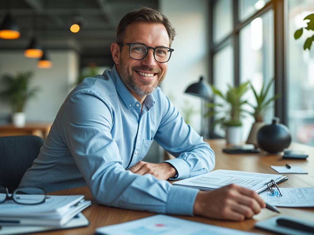 Smiling man wearing glasses and blue shirt sitting at desk with documents and plants in modern office.