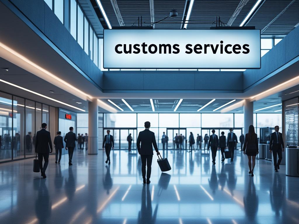 Personas caminando en un pasillo de aeropuerto hacia el área de servicios de aduana, con maletines y fondo moderno.