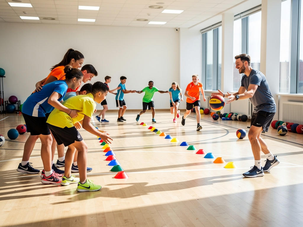Profesor de educación física enseñando voleibol a niños en un gimnasio escolar con conos de entrenamiento