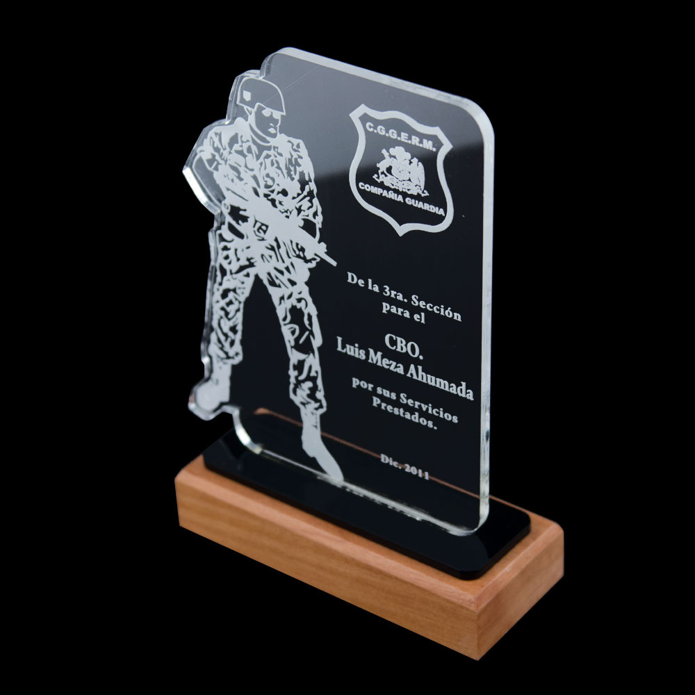 Galardón acrílico silueteado  base en madera.
