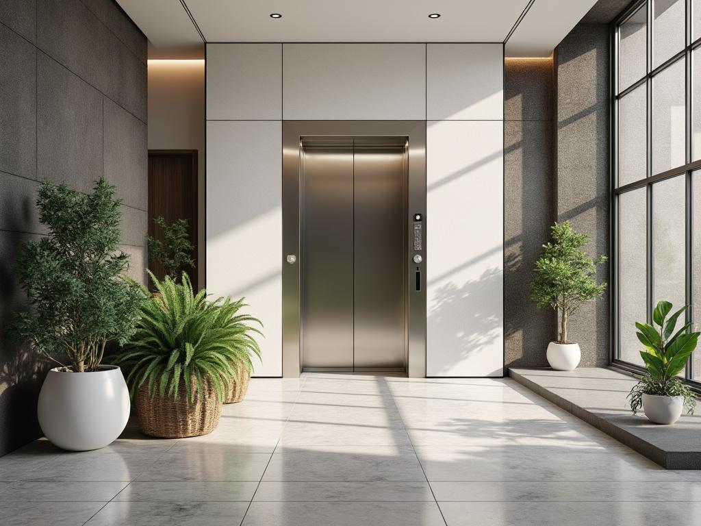 Modern building lobby with sleek elevator and potted plants, featuring natural light and stylish decor.