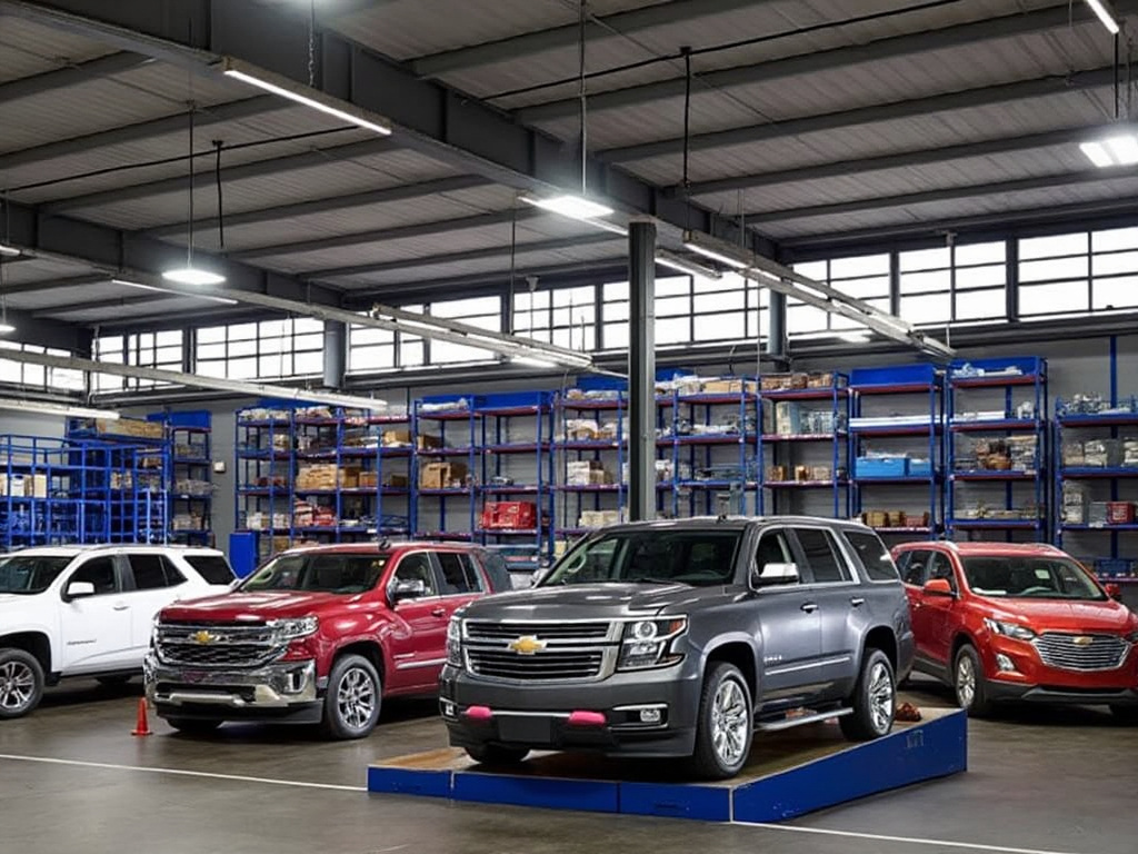 Interior de un taller mecánico con varios SUVs Chevrolet estacionados en plataformas y estanterías llenas de piezas.