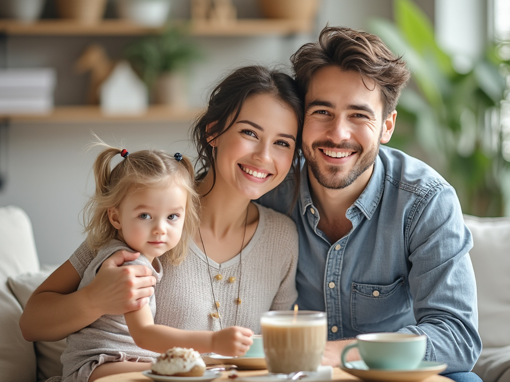 Familia sonriente con niña en casa, disfrutando de café y pastel.