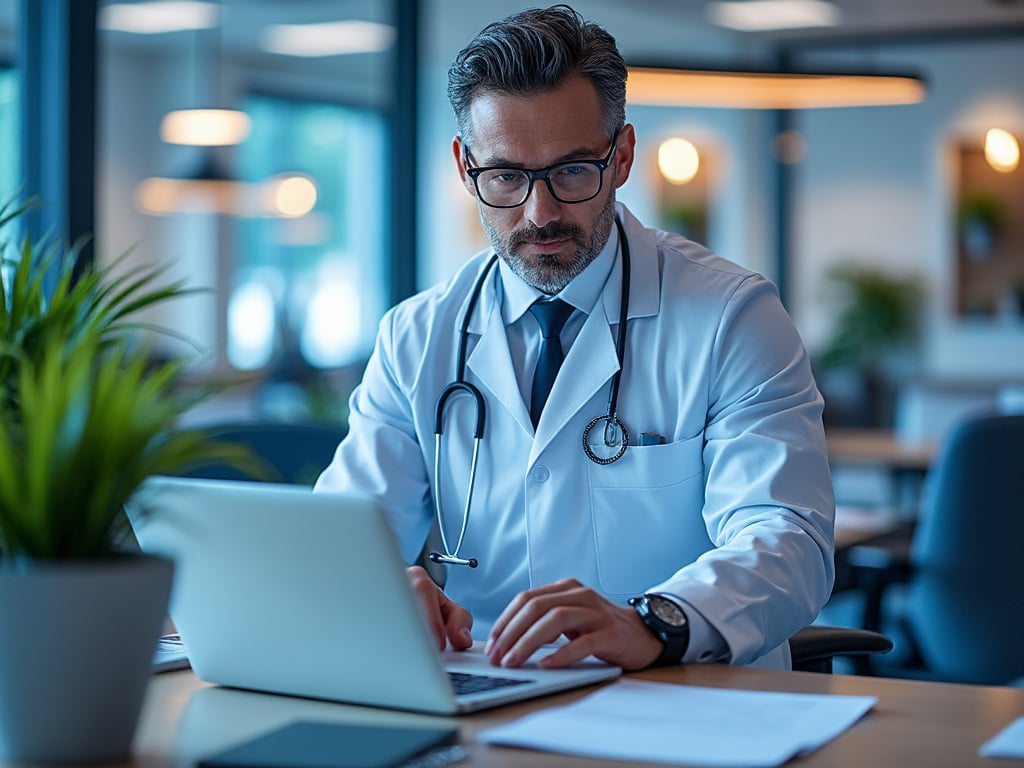 Médico con bata blanca y estetoscopio trabajando en una computadora portátil en una oficina moderna.