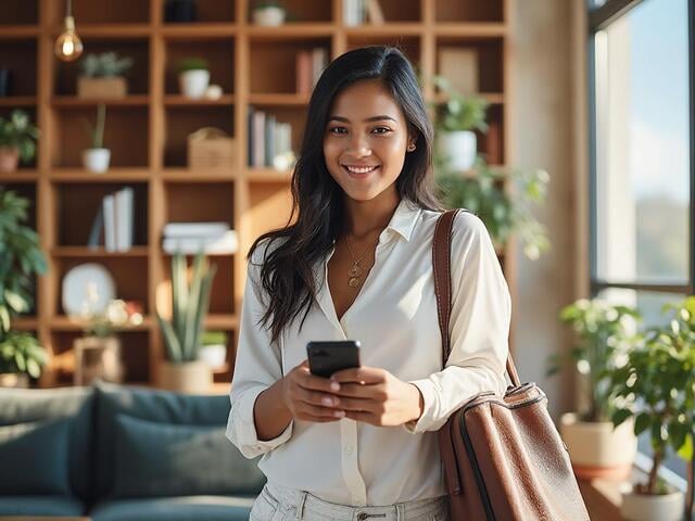 Mujer joven sonriendo con un teléfono móvil en una mano, de pie en un moderno espacio de oficina con plantas y estanterías al fondo.
Mujer joven sonriendo con un teléfono móvil en una mano, de pie en un moderno espacio de oficina con plantas y estanterías al fondo.