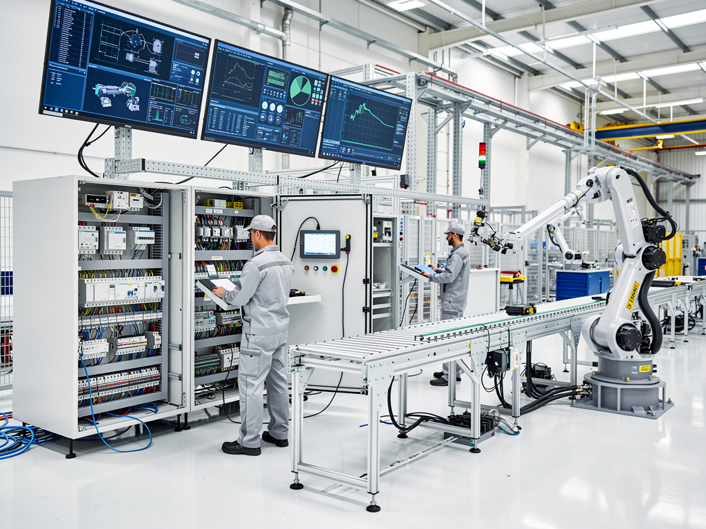 Fábrica automatizada con brazo robótico, técnicos, paneles de control y pantallas de monitoreo industrial